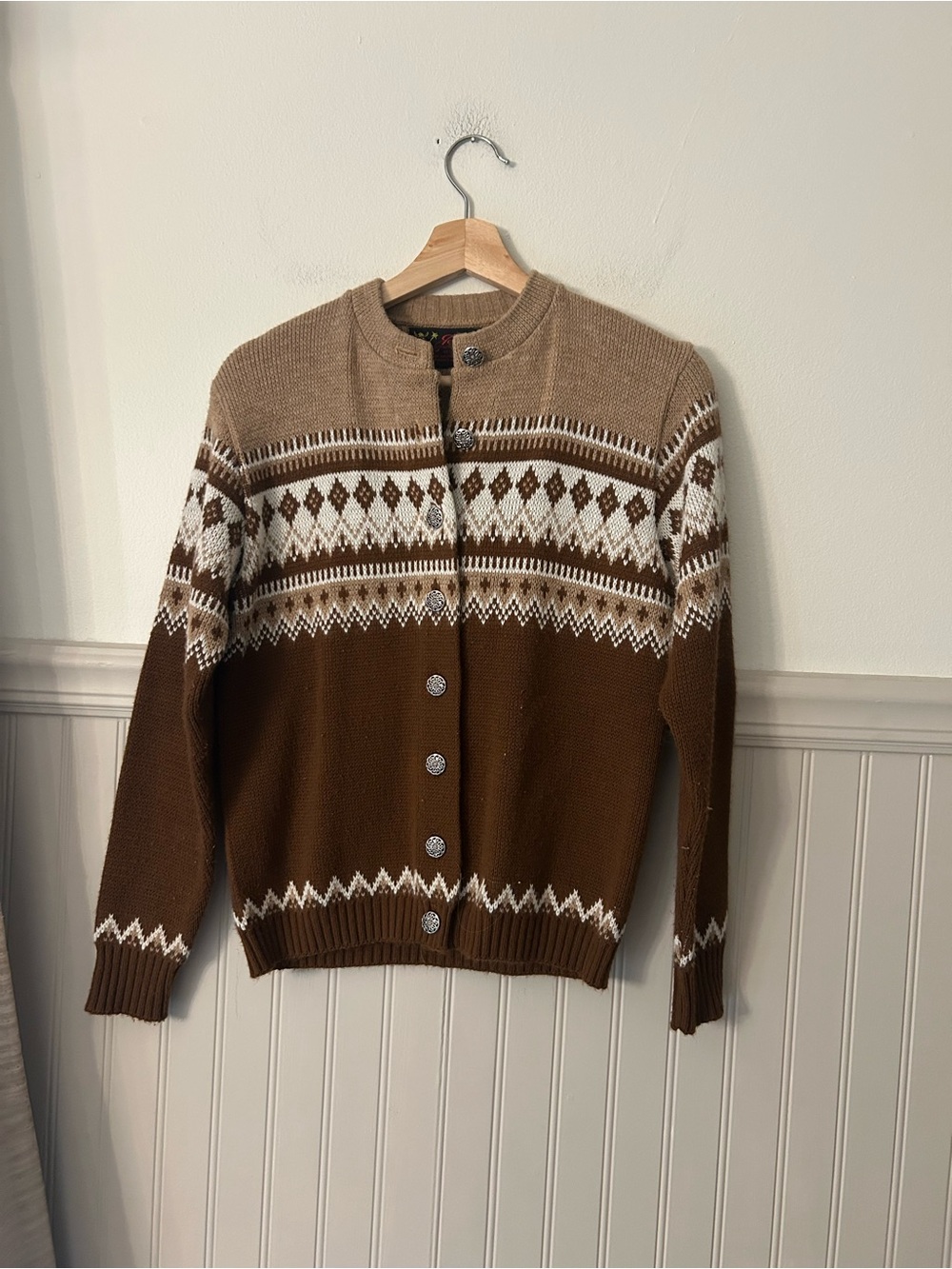 Vintage Jersild Size 36 / Small Brown White Nordic Fair Isle Cardigan Sweater